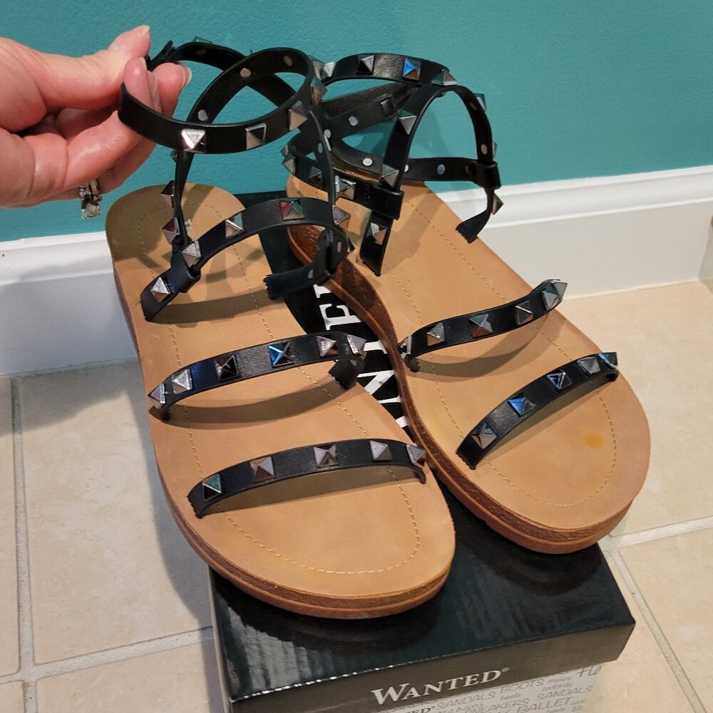 Black Strappy Studded Sandals Flats - Like New - Size 6